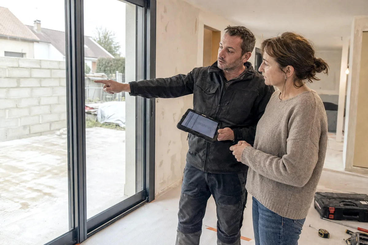 Un menuisier montre une baie coulissante à une cliente dans une maison en construction, une tablette à la main.